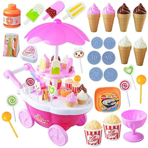 Eiswagen 34-teiliges Spielzeug-Set für Essen, Dessert und Süßigkeiten, Spielzeug mit Musik und Beleuchtung, für Kinder und Mädchen