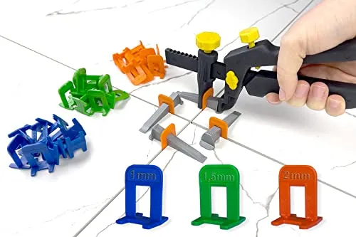 HexPro Fliesen Nivelliersystem 1mm 1,5mm 2mm Laschen, Fliesenstärke bis 15mm Fliesenkeile, Verlegehilfe Set (1 Nivellierset 2mm) Fliesenabstandshalter