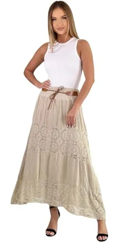 Mississhop Langer Baumwollrock mit Spitze & Gürtel 3094 Beige - Damen Maxirock in Einheitsgröße, aus 100% Baumwolle, mit romantischen Spitzeneinsätzen und Bindegürtel – ideal für sommerliche Freizeitlooks.