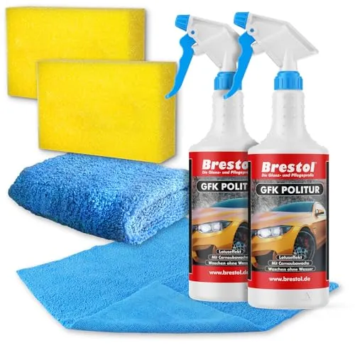 Brestol GFK-POLITUR 2x 750 ml + 2x Poliertuch + 2x Polierschwamm (7554.7) - Waschen ohne Wasser Autolack Schnellreiniger Folienreiniger Carnaubwachs HM10 Ultraclean Schnellpolitur
