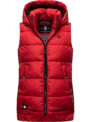 MARIKOO Damen Steppweste Zarinaa Red - Warm und Modisch - Damen-Westen: Modische, ärmellose Steppweste mit abnehmbarer Kapuze, wasserabweisend und ideal für kalte Herbst- und Wintertage.