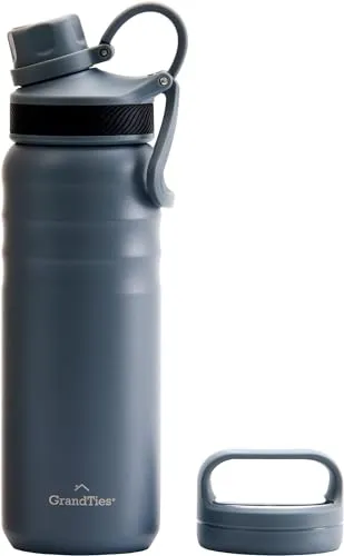GrandTies 2 Deckel Sport Edelstahl Wasserflasche - 680 ml, wiederverwendbare breite Öffnung, Reise Metall Kantine, kälteste Wasserflasche für Männer und Frauen - Steingrau
