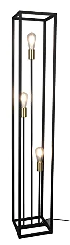 Reality Leuchten Stehlampe VITO, 3-flammig mit Fußschalter - Stehleuchte für Innenräume, Höhe 153 cm, elegantes Design in Schwarz mit Messingakzenten, ideal für stimmungsvolle Beleuchtung.