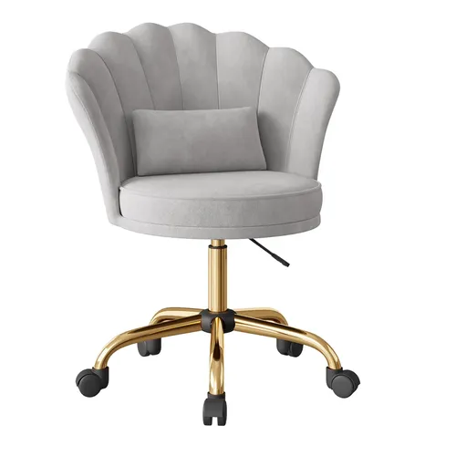 Hawthyhome ergonomischer Bürostuhl mit Samtbezug und Blütenrückenlehne, drehbar und höhenverstellbar, grau