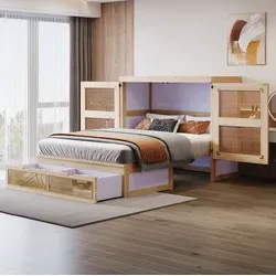 Doppelbett 140x200 Cm Mit Klappbarem Gestell Mit Schubladen, Naturholzfarbe
