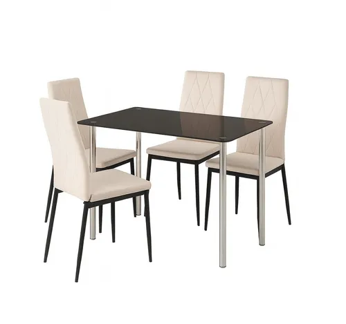 HOOZ Essgruppe fürs Esszimmer, Küche und Wohnzimmer Tischplatte 6 mm Sicherheitsglas, (SET, 5-tlg., Tisch mit 4 Stühlen), Tischplatte schwarz Bezug Stühle beige