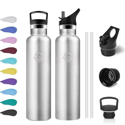Thermosflasche 1L, Trinkflasche Edelstahl Kohlensäure Geeignet, Auslaufsicher Wasserflasche mit Strohhalm, Doppelwandige Vakuumisolierte, BPA-frei, Isolierflasche für Sprudel, Büro, Reisen, Laufen