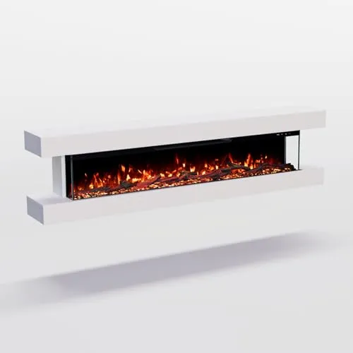 GLOW FIRE Elektrokamin Clear 50 mit realistischem 3D LED-Feuer - Wand-Elektrokamin mit Heizung und Kaminfeuer, App Steuerung, Knistereffekt & Timer, max. 1800 W, 157x39x21 cm, Weiss