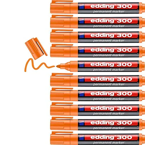 edding 300 Permanentmarker - orange - 10 Stifte - Rundspitze 1,5-3 mm - wasserfest, schnell-trocknend - wischfest - für Karton, Kunststoff, Glas, Holz, Metall, Glas