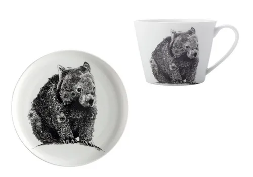 Dekomiro Becher Marini Ferlazzo Wombat - 2-teiliges Set mit Teller und Spülmittel - Kaffeebecher-Set mit einzigartigen Tiermotiven des Künstlers Nathan Ferlazzo, hochwertiges Porzellan, spülmaschinen- und mikrowellenfest, ideal zum Sammeln oder Verschenken.