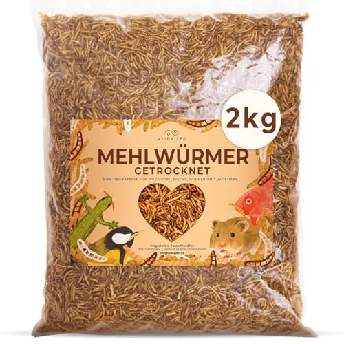 AVIDA · ZEN Mehlwürmer getrocknet, 2kg (entspricht 13 Litern) getrocknete Mehlwürmer, proteinreicher Snack für Wildvögel, Fische, Reptilien und Nager