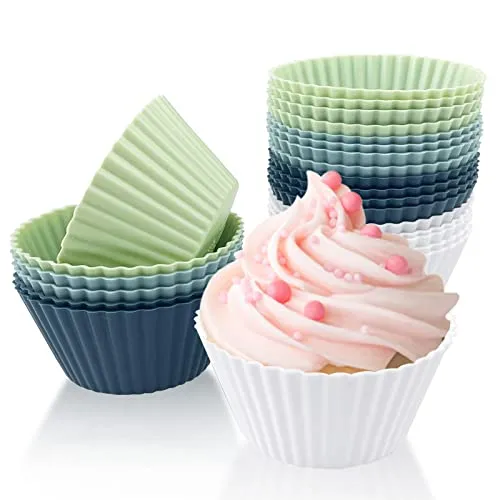 Fousenuk 24 Stück Silikon Muffinförmchen, Wiederverwendbare Cupcake Formen, Antihaftbeschichtet Cupcakeförmchen, Muffin Backformen, Silikonformen Bpa-Frei für Kuchen, Eincreme, Pudding (4 Farben)