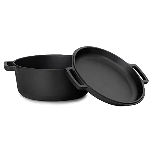 4BIG.fun 6 L Kochtopf aus Gusseisen mit Deckel-Bratpfanne 2in1 Set - Induktion Bräter Brottopf Suppentopf Bratentopf Brotbacktopf - Brotbackform Schmortopf Feuertopf Dutch Oven