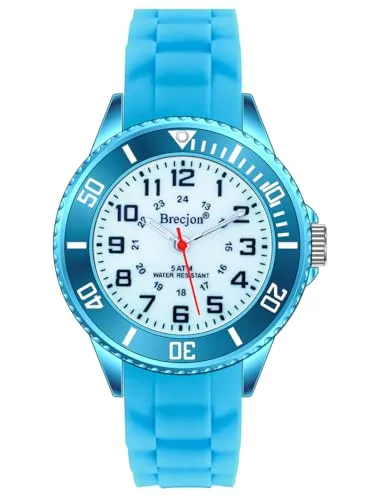 Brecjon Kinder Armbanduhr Jungen Mädchen Lernuhr Silikonuhr Kids 5ATM wasserdicht Leuchtzifferblatt hellblau 2202