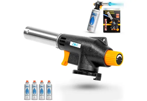 ZMC Flambierbrenner Gasbrenner Gasanzünder Lötbrenner mit Piezozündung + Gaskartuschen, (Temperatur von bis zu 1300 ° C, Einstellbare Flamme, Piezo-Zündung, Kohleanzünder Flambierbrenner Butangasbrenner, 4-tlg), Brenneraufsatz Gasbrenner Flambiergerät Lötbrenner Gasanzünder