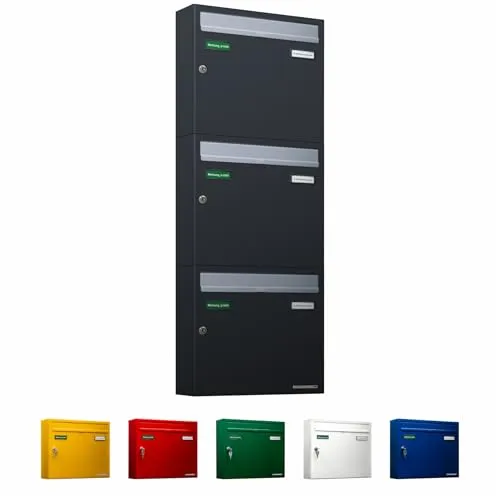 AL Briefkastensysteme Basic 3er Briefkasten - Wandbriefkästen für Mehrfamilienhäuser, wetterfest und mit lebenslanger Garantie gegen Durchrostung, inklusive 2 Namensschildern und Posthaltebügel.