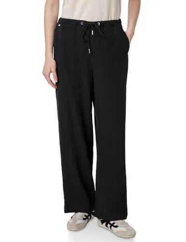 Street One Studio Damen F378706 Musselin Wide Leg Hose, Schwarz, 38W / 30L - Damen-Hosen im Loose Fit mit High Waist und weit geschnittenen Beinen. Aus reiner Baumwolle, elastischer Bund mit Tunnelzug für perfekten Tragekomfort.