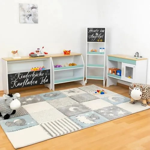 Spielküche Kaufladen Ida, türkis, 4er Set mit Spülbecken, große Kinderküche, Kaufmannsladen für Kinder, Spielzeugküche, Spielzeug und Küchenzubehör, Holzküche mit Kreidetafel, Kinder ab 3 Jahren