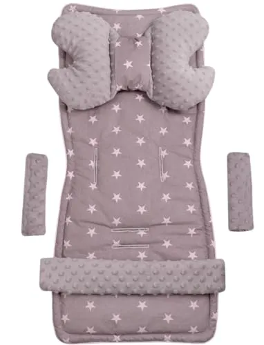 Medi Partners Sitzauflage Kinderwagen Buggy Baby Sommer Kindersitz Einlage Universal - 5tgl Gurtpolster + Spielbogen Kinderwagenset Babyschale (Sternen mit grauen Minky)