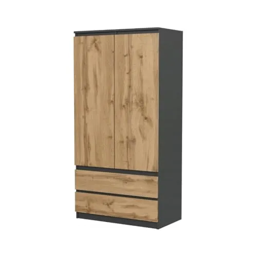 VBChome Kleiderschrank 90x50x180 cm 2 Türen 2 Schubladen 4 Einlegeböden Kleiderstange Anthrazit Eiche Wotan