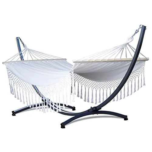 Potenza Outdoor Hängematte mit Gestell für 2 Personen I Stabhängematte XXL 220x160, 200kg I Hängemattengestell 220kg Wetterfest (Santia-Ecru, Basic Gestell Graphit)