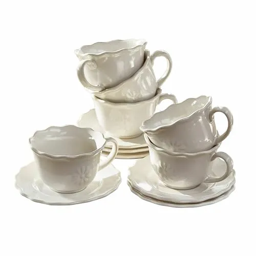 Loberon Tasse mit Unterteller 6er Set Mallevesse - Zarte Blumenprägung für Kaffee und Tee - Thermobehälter: Set aus langlebigen Tassen und Untertassen mit zarter Blumenprägung, ideal für stilvolle Kaffeepausen und Teevergnügen.