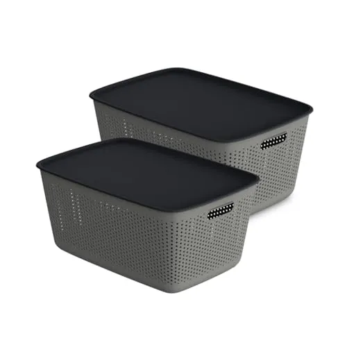 Kreher Mehrzweckkorb mit Deckel | 45 L Aufbewahrungsbox in Grau - Praktischer Mehrzweckkorb aus robustem Kunststoff mit Belüftungslöchern für frischen Inhalt. Ideal für Büro, Küche oder Kleiderschrank – vielseitig einsetzbar und pflegeleicht!