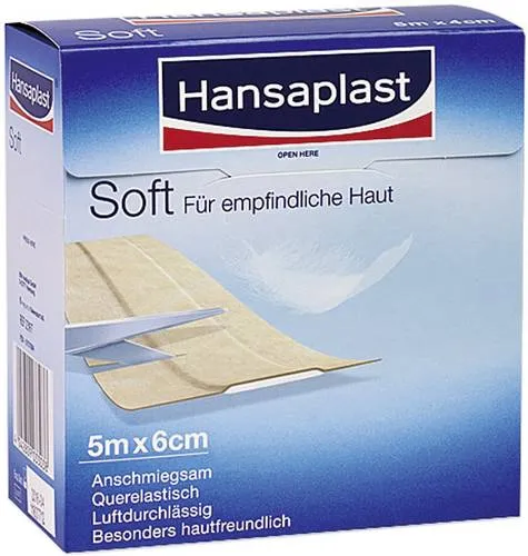 Söhngen 1009284 Hansaplast Pflaster hypoallergen Soft 5 M x 6 cm - Erste-Hilfe-Heftpflaster, hypoallergen und sanft zur Haut, ideal für empfindliche Hauttypen.