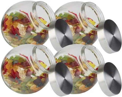 APS Vorratsglas 4er Set - Premium Glaskugel-Optik und Edelstahl-Schraubdeckel - Glasbehälter & Töpfe mit aromadichten Schraubdeckeln, ideal zur Aufbewahrung von Lebensmitteln und zur Erhaltung der Frische.