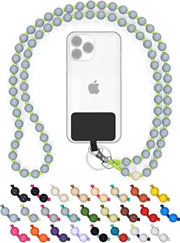 DROPLETSY Holzperlen Handykette universal, handgefertigt, Schlüsselband, Kette, Necklace zum Umhängen - kompatibel mit allen Smartphones: Apple iPhone, Samsung Galaxy (ohne Hülle, Neon Shark)