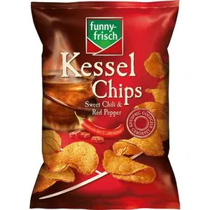 Funny-Frisch Kessel Chips Sweet Chili & Red Pepper 120g - Knusprige Kartoffelchips mit scharf-süßem Chili-Geschmack, perfekt für den Snack Genuss oder als Party-Leckerbissen.