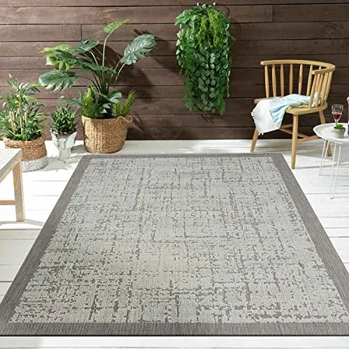 VIMODA Teppich In- und Outdoor Flachgewebe Terrasse Balkon Wintergarten Robust Abstrakt Grau Anthrazit Braun, Farbe:Grau, Maße:60x100 cm