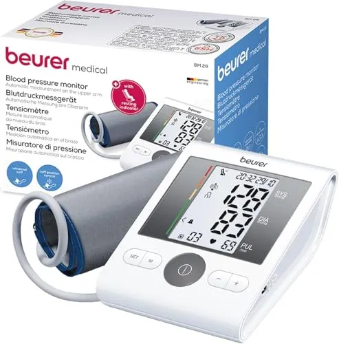 Beurer BM 28 Oberarm-Blutdruckmessgerät mit Arrhythmie-Erkennung und farbigem Risikoindikator, mit Manschettensitzkontrolle, für Oberarmumfänge von 22-42 cm