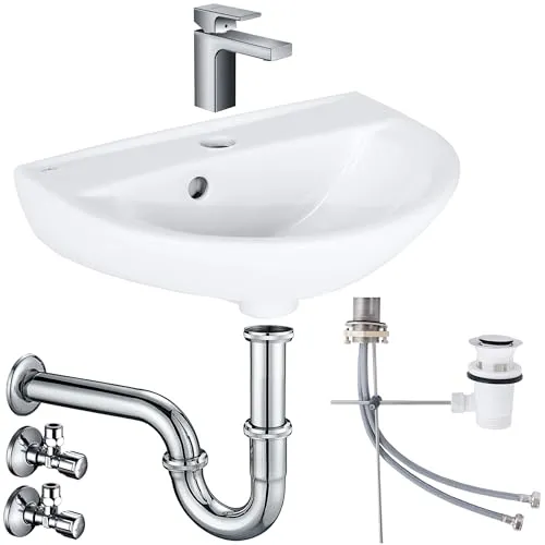 Belvit, Waschbecken Komplettset Rosmarin 45 cm, Keramikbecken, Hansgrohe Armatur, Ablaufgarnitur, Siphon, Schell Eckventil, pflegeleichte Sanitärkeramik, komplett abgestimmte Komponenten, Weiß