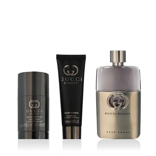 Gucci Guilty Pour Homme Geschenkset 90 ml EDT - Elegantes Geschenkset mit 90 ml Eau De Toilette, 75 ml Duschgel und 50 ml Aftershave, ideal für stilbewusste Männer und besondere Anlässe.