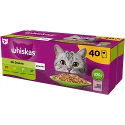 WHISKAS Adult Sachets 40 x 85 g Gemischte Geschmacksrichtungen - Nassfutter für ausgewachsene Katzen in Gelee (Schnitte mit: Rind, Huhn, Lachs, Thunfisch)
