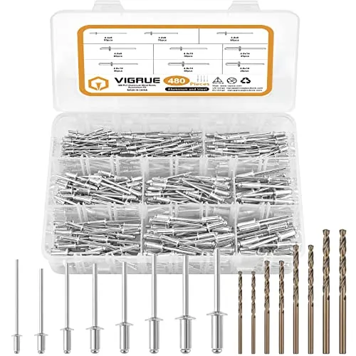 VIGRUE 480tlg Blindnieten Set und 8 HSS Bohrern, Alu, Stahl Nieten Popnieten Sortiment 2,4mm, 3,2mm, 4,0mm und 4,8mm popnieten zum Verbinden aller Arten von Dünnen Werkstoffen für Nieten Maschinen