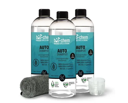 bio-chem AutoShampoo 750ML – pH-neutral & stark gegen Schmutz Autoshampoo (Sparpaket, [- Auto Shampoo 3x 0.75 l + Dosierbecher + Mikrofasertuch pH-neutral, biologisch leicht abbaubar)