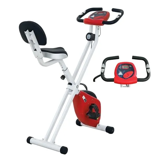 HOMCOM Magnetisches Klapp-Fitnessbike Leiser LCD-Bildschirm Rot | Aosom.fr x FFHandball Kollaboration, X-förmiges Fitnessbike, Heimtraining, Cardio-Training, Pulsmesser