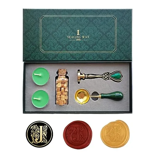 Ausgefallene Buchstaben J Stempelset, AMTOL Wachssiegel-Stempelset im europäischen Stil, Geschenkbox-Set, Vintage personalisierte Wachssiegel-Stempel für Briefkarten-Einladungen.