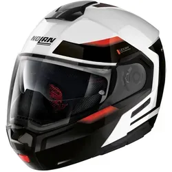 Nolan N90-3 Reflector N-Com Klapphelm in schwarz-weiss-rot, Größe L - Motorradhelm mit ultrawide Lexan-Visier, kratzfest und UV 400 Schutz. Bequem mit 'Clima Comfort' Innenausstattung, herausnehmbar und waschbar.