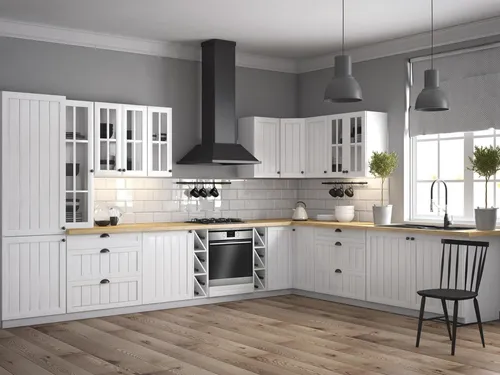 Landhaus Küche Zeile Schrank – Maßgefertigter Küchenunterschrank & Hängeschrank - Funktionale Küchenzeile in Weiß, L-Form, aus hochwertigem Holz. Bietet viel Stauraum und ist einfach zu montieren – ideal für stilvolle Küchen.