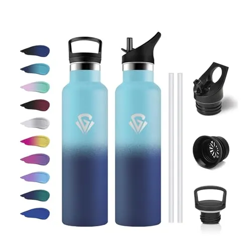 Trinkflasche 750ml, Auslaufsichere Thermosflasche mit Strohhalm, Isolierflasche Doppelwandig, Kohlensäure Geeignet, BPA-Frei, Wasserflasche für Sprudel, Fitness, Fahrrad, Erwachsene, Büro, Laufen