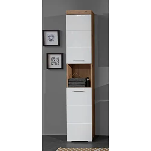 Lomadox Badezimmer Hochschrank in Weiß Hochglanz mit Absetzung in Asteiche Nb., B/H/T: ca. 37/190/31 cm
