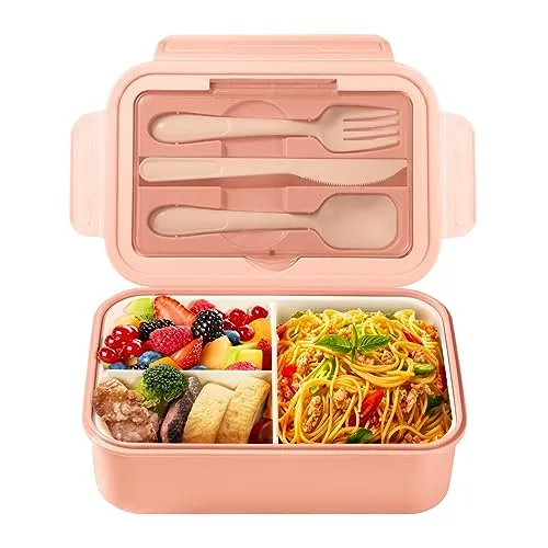 Diboniur Brotdose, Lunchbox mit Fächern Besteck Kinder Erwachsene 1400ML Bento Box für Mikrowelle, Spülmaschine, Schule, Picknick, Arbeit (Rosa)