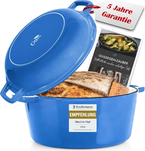 Ottia Gusseisen Topf 26cm – Vielseitiger Schmortopf mit eRezeptbuch - Kasserollen für alle Herdarten, inkl. eRezeptbuch mit leckeren Rezepten. Robuste 3-fach Emaille sorgt für Langlebigkeit und gleichmäßige Hitzeverteilung.