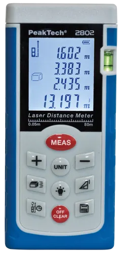 PEAKTECH 2802 - Laserentfernungsmesser, 0,05 - 80 m - Präzises Messgerät für Entfernungen bis 80 m, ideal für Bau- und Architekturprojekte. Mit Speicher für 99 Werte und vielseitigen Funktionen wie Flächen- und Volumenberechnung.