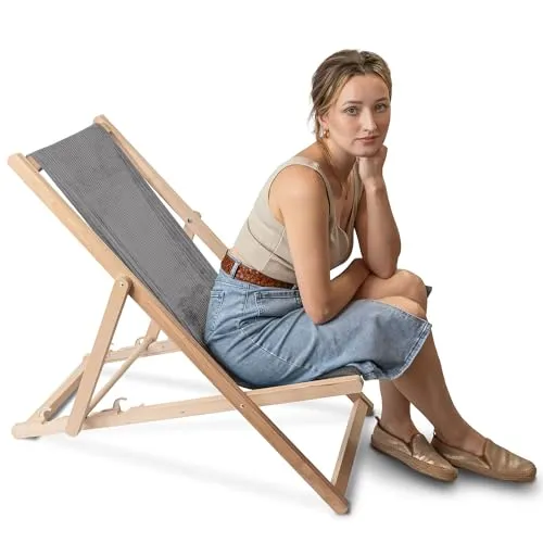 DreamRoots Liegestuhl Holz Klappbar Cord-Gewebe aus Buchenholz, bis 130 kg belastbar, 3-Fach verstellbare Rückenlehne für Garten oder Terrasse