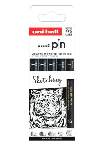 Produktbild Uni-Ball Technische Filzstifte, geeichte Spitze 0,4 bis 1,2 mm, schwarz, 5 Stück