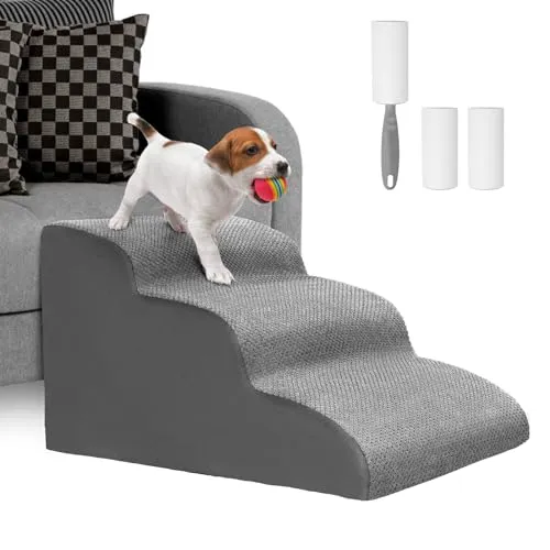 Lannvan Hundetreppe für Kleine Hunde, 3 Stufen Haustiertreppe Katzentreppe, Hunderampe aus Schwamm für Sofa Bett, Hunde Treppen mit Abnehmbarer Bezug, Waschbar Haustierleiter, Senden Fusselrolle, Grau